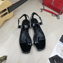 Saint Laurent Cassandra Flat Sandals with Toehold Loop In Patent Leather Black