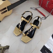 Saint Laurent Cassandra Flat Sandals with Toehold Loop In Smooth Leather Gold
