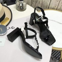 Saint Laurent Cassandra Heeled Sandals with Toehold Loop In Patent Leather Black