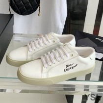 Saint Laurent Court Classic Sneakers In Embroidered Leather with Black Logo White