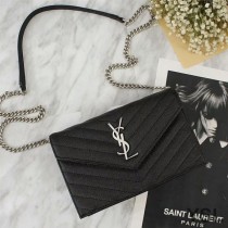 Saint Laurent Envelope Chain Wallet In Textured Matelasse Leather Black/Silver