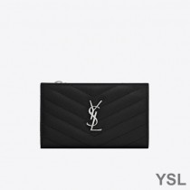 Saint Laurent Fragments Zipped Bifold Wallet In Grained Matelasse Leather Black/Silver