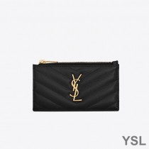 Saint Laurent Fragments Zipped Card Case In Grained Matelasse Leather Black/Gold
