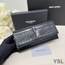 Saint Laurent Large Cassandra Deconstruct Bifold Wallet In Crocodile Embossed Leather Black