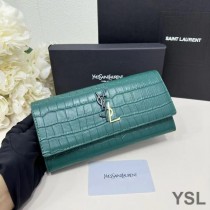 Saint Laurent Large Cassandra Deconstruct Bifold Wallet In Crocodile Embossed Leather Green