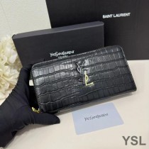 Saint Laurent Large Cassandra Deconstruct Zip Around Wallet In Crocodile Embossed Leather Black