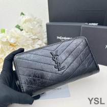 Saint Laurent Large Cassandra Zip Around Wallet In Crinkled Matelasse Leather Black
