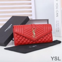 Saint Laurent Large Envelope Flap Wallet In Mixed Grained Matelasse Leather Red/Gold