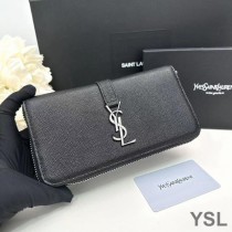Saint Laurent Large Line Zip Around Wallet In Grained Leather Black/Silver