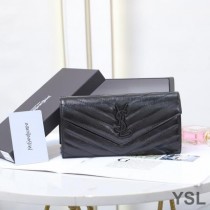 Saint Laurent Large Monogram Flap Wallet In Crinkled Matelasse Leather Black