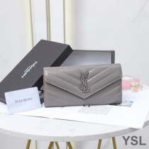 Saint Laurent Large Monogram Flap Wallet In Crinkled Matelasse Leather Grey