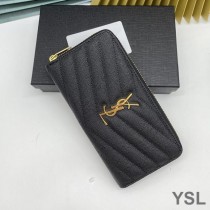 Saint Laurent Large Monogram Zip Around Wallet In Grained Matelasse Leather Black/Gold