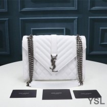 Saint Laurent Medium Envelope Chain Bag In Mixed Grained Matelasse Leather White/Silver