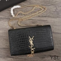 Saint Laurent Medium Kate Chain Bag with Tassel In Crocodile Embossed Shiny Leather Black/Gold
