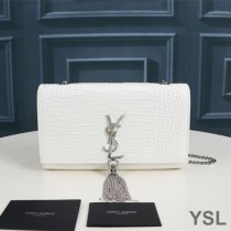 Saint Laurent Medium Kate Chain Bag with Tassel In Crocodile Embossed Shiny Leather White/Silver