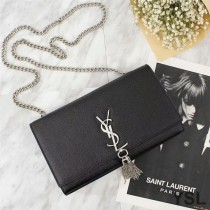 Saint Laurent Medium Kate Chain Bag with Tassel In Grained Leather Black/Silver
