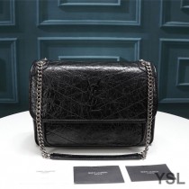 Saint Laurent Medium Niki Chain Bag In Crinkled And Quilted Leather Black/Silver