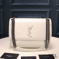 Saint Laurent Medium Niki Chain Bag In Crinkled And Quilted Leather White/Silver