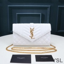 Saint Laurent Monogram Chain Wallet In Mixed Grained Matelasse Leather White/Gold