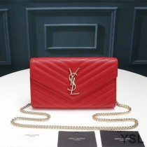 Saint Laurent Monogram Chain Wallet In Textured Matelasse Leather Red/Gold