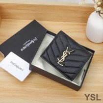 Saint Laurent Monogram Flap Card Case In Grained Matelasse Leather Black/Gold