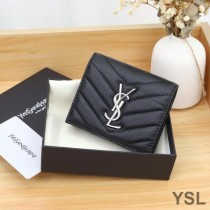 Saint Laurent Monogram Flap Card Case In Grained Matelasse Leather Black/Silver
