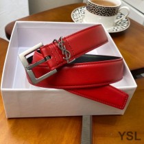 Saint Laurent Monogram Narrow Belt With Square Buckle In Nappa Leather Red/Silver