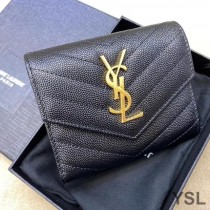 Saint Laurent Monogram Trifold Card Case In Grained Matelasse Leather Black/Gold