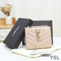 Saint Laurent Monogram Zipped Bifold Card Case In Grained Matelasse Leather Pink/Gold