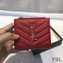 Saint Laurent Monogram Zipped Bifold Card Case In Grained Matelasse Leather Red/Gold