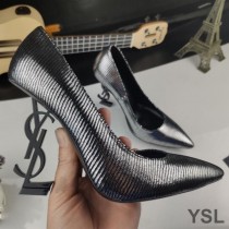 Saint Laurent Opyum Pumps In Glitter Leather with Black Heel Silver