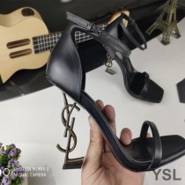 Saint Laurent Opyum Sandals In Smooth Leather With Bamboo Heel Black