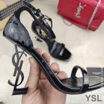 Saint Laurent Opyum Sandals In Stone Grain Leather With Black Heel Black