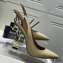 Saint Laurent Opyum Slingback Pumps In Patent Leather with Gold Heel Beige