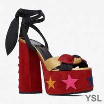 Saint Laurent Paige Platform Sandals In Suede With Stars Patchwork Red