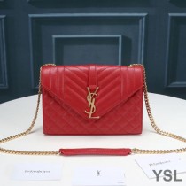 Saint Laurent Small Envelope Chain Bag In Mixed Grained Matelasse Leather Red/Gold