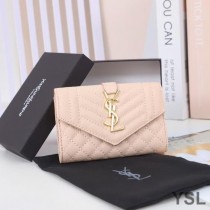 Saint Laurent Small Envelope Flap Wallet In Mixed Grained Matelasse Leather Pink/Gold