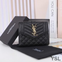 Saint Laurent Small Envelope Trifold Wallet In Mixed Grained Matelasse Leather Black/Gold