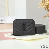 Saint Laurent Small Monogram Zip Around Wallet In Grained Matelasse Leather Black