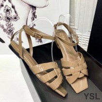 Saint Laurent Tribute Flat Sandals In Patent Leather Khaki