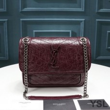 Saint Laurent Baby Niki Chain Bag In Crinkled And Quilted Leather Burgundy/Silver