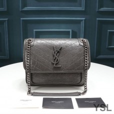 Saint Laurent Baby Niki Chain Bag In Crinkled And Quilted Leather Grey/Silver