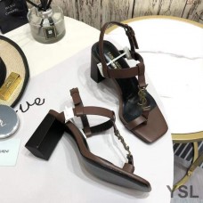 Saint Laurent Cassandra Heeled Sandals with Toehold Loop In Smooth Leather Brown