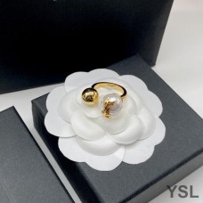 Saint Laurent Cassandre Pearl And Ball Ring In Metal Gold/White