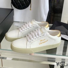 Saint Laurent Court Classic Sneakers In Embroidered Leather with Gold Logo White/Gold