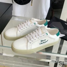 Saint Laurent Court Classic Sneakers In Embroidered Leather with Green Logo White/Green
