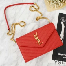 Saint Laurent Envelope Chain Wallet In Textured Matelasse Leather Red/Gold