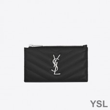 Saint Laurent Fragments Zipped Card Case In Grained Matelasse Leather Black/Silver