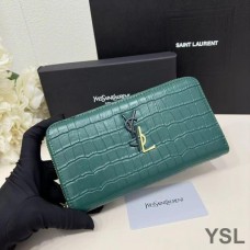 Saint Laurent Large Cassandra Deconstruct Zip Around Wallet In Crocodile Embossed Leather Green
