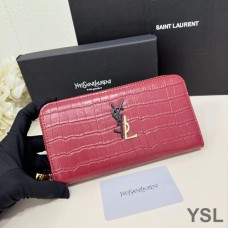 Saint Laurent Large Cassandra Deconstruct Zip Around Wallet In Crocodile Embossed Leather Red